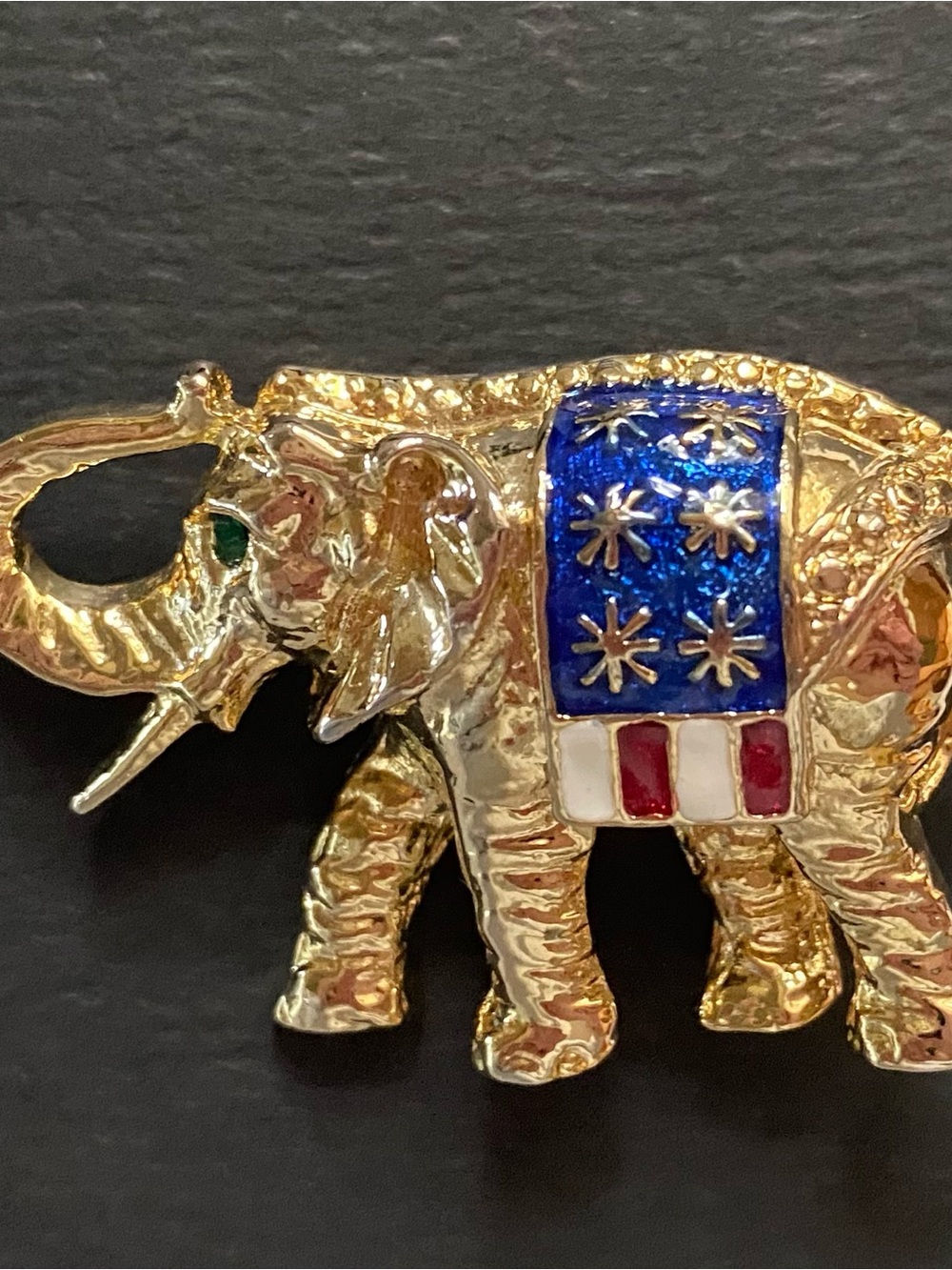 Gold Elephant Flag Motif Pin- Red White Blue Enamel and Emerald Crystal Eye.